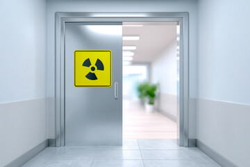 Metallic door with yellow radiation warning sign, open into corridor with fluorescent lights, danger zone entrance