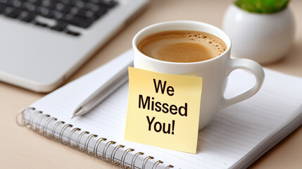 Coffee cup, notepad, laptop, and "We Missed You!" message on post-it note. Office desk setting.