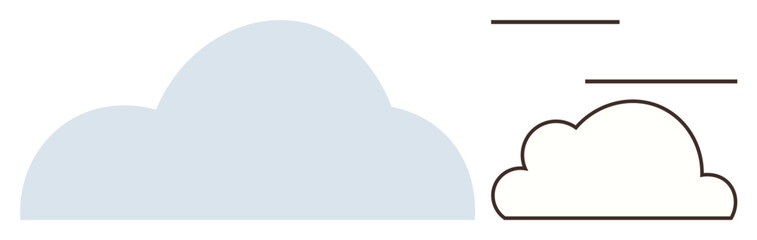Light blue filled cloud and outlined cloud with lines indicating movement or wind. Ideal for weather, environment, technology, cloud storage, simplicity, minimalism, or motion themes. Simple flat