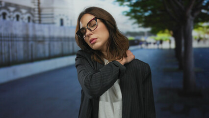Fototapeta premium Young hispanic woman in city street outdoors wearing glasses and jacket looking thoughtful with trees and blurred buildings in the background.
