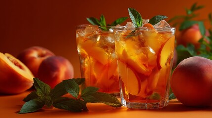 Iced peach and mint tea is a cool, homemade summer drink. It's on an orange background with fresh peaches. There's room for your own writing.