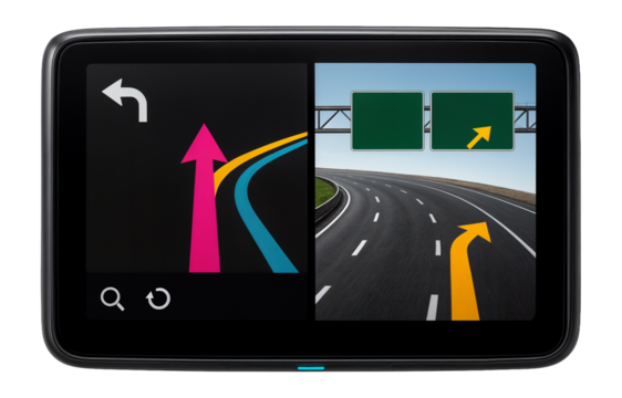 Touchscreen GPS navigator with split-screen junction view feature