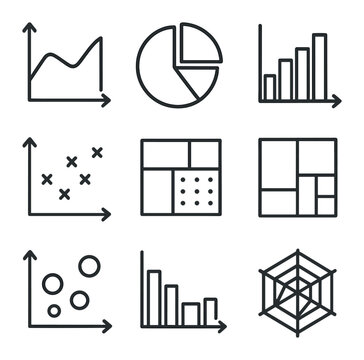 Financial Chart Icons. Outline icon set of financial charts: area chart, pie chart, histogram, scatter plot,