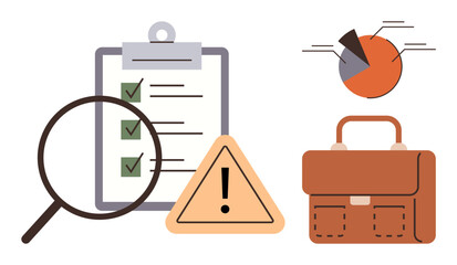 Magnifying glass on checklist, warning sign, pie chart, and briefcase. Ideal for business strategy, compliance, audit, safety planning analysis organization. Simple flat metaphor