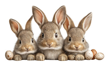 Obraz premium PNG Three adorable rabbits with quail eggs on black background