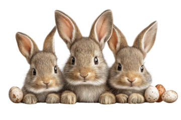 PNG Three adorable rabbits with quail eggs on black background