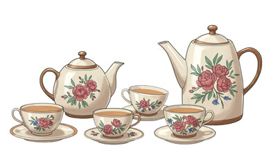Elegant tea party set featuring teapots and cups with floral decoration, perfect for designing invitations or branding tea rooms.