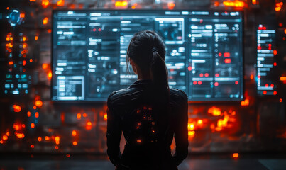 Back view of futuristic woman analyzing complex digital data on large smart screen in dark high-tech control room with glowing orange lights and holographic interface panels