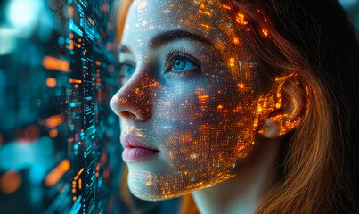 Young woman face with digital light grid overlay futuristic technology concept artificial intelligence data visualization close up portrait with reflection in glass panel
