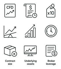 Fototapeta premium Leverage Products Icon Set. Outline icon set of leverage products: CFD icon, futures contract scroll, leverage