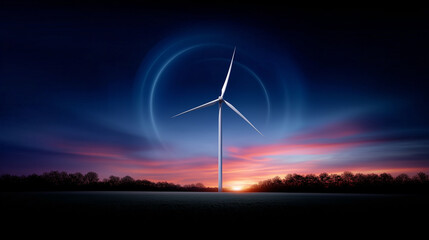 Obraz premium Wind turbine generating renewable energy at dusk with the sunset, clean energy concept