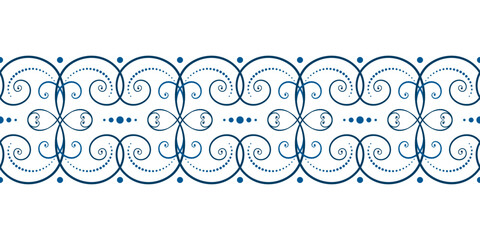 Ornamental seamless border of blue curls on white background. Frost pattern on the window. Ethnic folk ornament in nordic style. Monochrome background of swirls. Winter holiday decor.