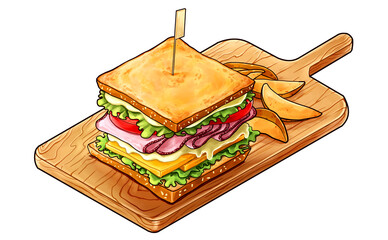 サンドイッチとポテトの手描きイラスト