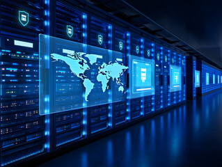 Futuristic server room with glowing blue lights and holographic world map display data