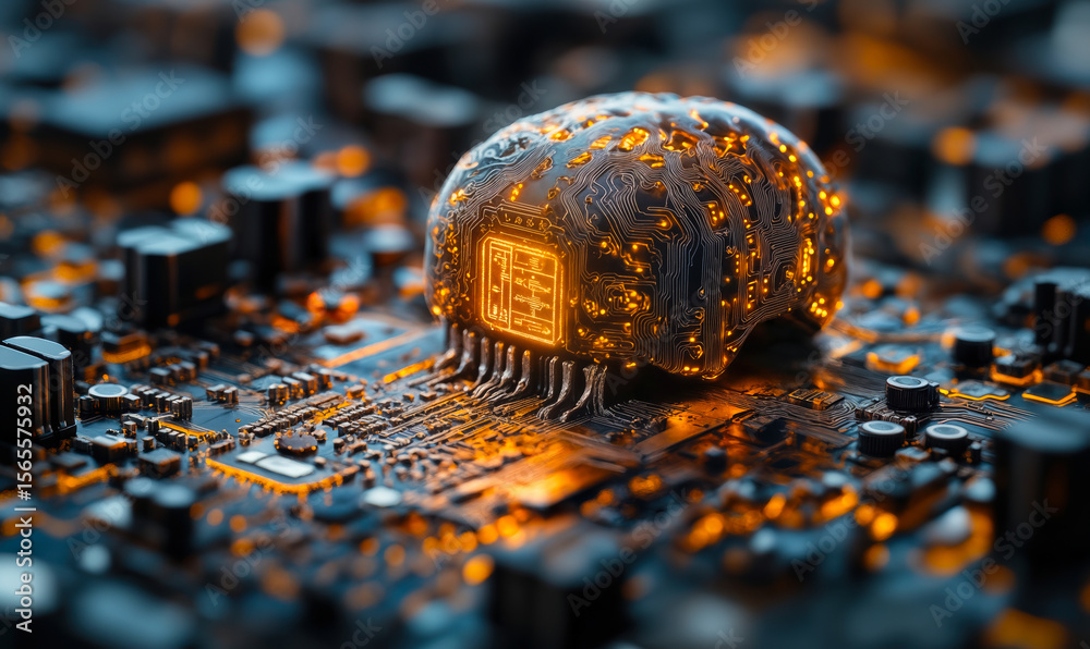 Poster close-up of illuminated futuristic microchip shaped like human brain with glowing circuit patterns o