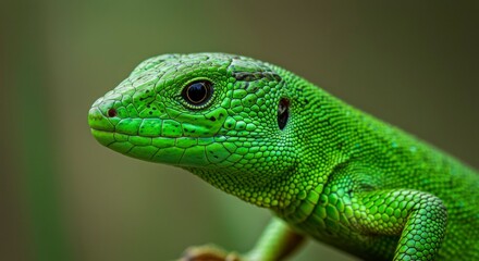 Fototapeta premium Close-up of a vibrant green lizard. Detailed scales visible