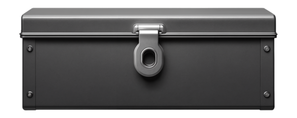 Powder-coated steel tool storage box with a padlock eye for a building site.