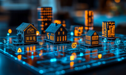 Miniature smart homes and high rise buildings on circuit board representing digital real estate technology innovation with glowing blue and orange lights in futuristic concept