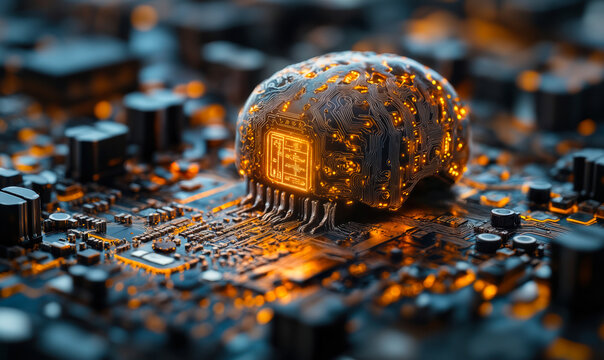 Close-up of illuminated futuristic microchip shaped like human brain with glowing circuit patterns on electronic circuit board representing artificial intelligence technology and neural networks