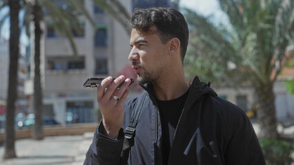 Young hispanic man in a park speaking into a phone with palm trees and buildings, showcasing a...