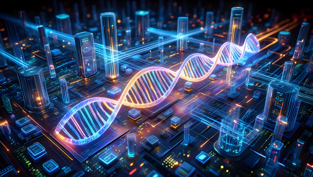 Glowing D N A helix superimposed on futuristic circuit board with blue and orange lights