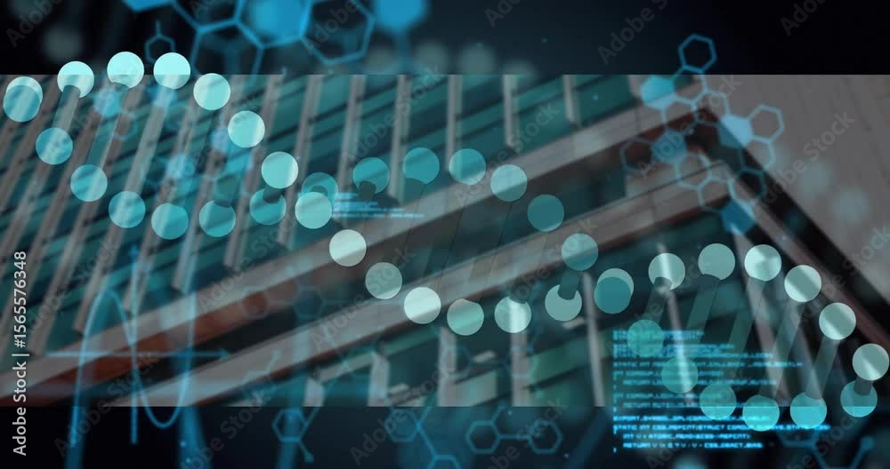 Poster lifting tilt starting hexagon and code merging into helix animating across facade showing data