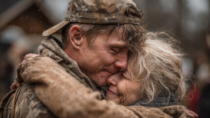 Obraz premium Heartfelt Reunion of Young Soldier and Elderly Mother After Military Service