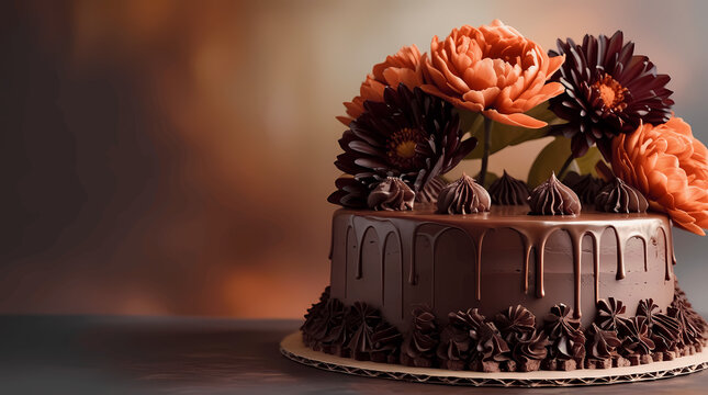 Rich chocolate drip cake with autumn flowers and decorative piping adorned with orange and burgundy blooms on warm background