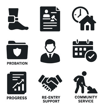 Parole & Probation Icons. Solid, filled icons set of parole and probation: house arrest anklet, parole hearing