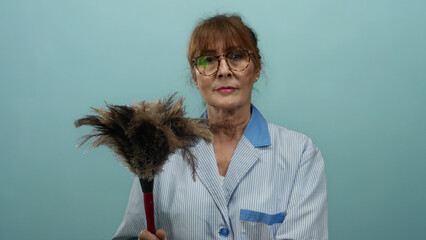 Woman cleaner in uniform holding feather duster against blue background, showcasing an isolated professional cleaning concept with focus on senior hispanic demographics.