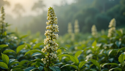 Obraz premium Coffee plant in full bloom with delicate white flowers and dewdrops in misty green landscape under soft morning sunlight