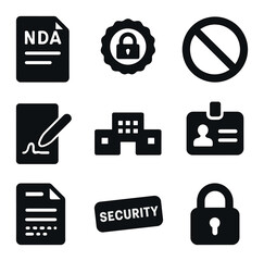 Confidentiality Icon Set. Solid, filled icons set of NDAs and confidentiality: NDA file, confidentiality seal,