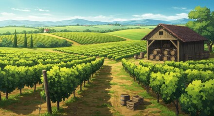Naklejka premium Lush vineyard landscape with rustic storage