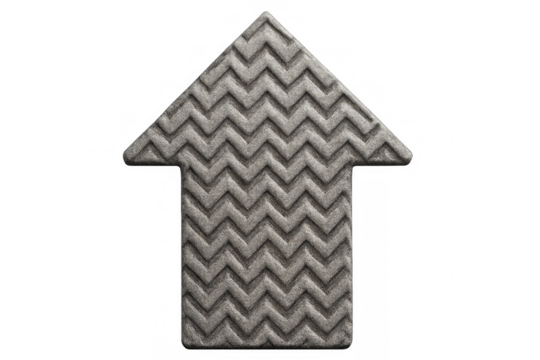 Metallic upward chevron arrow with textured surface, symbolizing progress, positioned against transparent backdrop for design applications