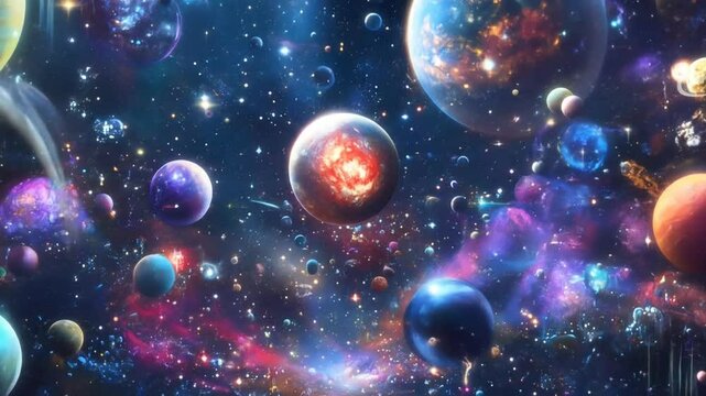 Vibrant cosmic landscape filled with numerous planets of varying sizes and colors.  Streaks of light and nebulae.  Deep space scene