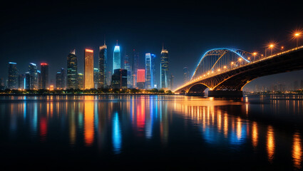 Fototapeta premium Illuminated cityscape with arched bridge over reflective water at night image