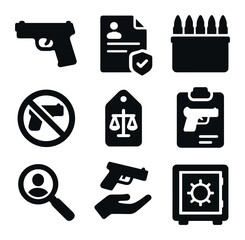 Weapon Law Icons. Solid, filled icons set of weapon laws: firearm icon, permit paper, ammunition box, no guns