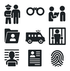 Criminal Arrest Icons. Solid, filled icons set of criminal arrest: arresting officer, handcuffed icon, rights