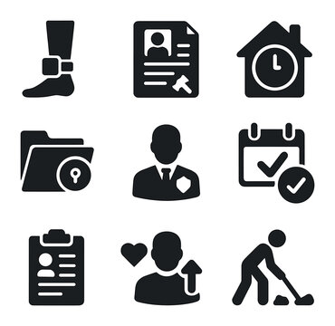 Parole Icon Set. Solid, filled icons set of parole and probation: house arrest anklet, parole hearing paper,