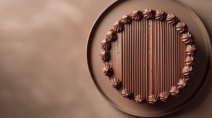 Rich chocolate cake with piped buttercream rosettes and textured frosting lines on ceramic plate minimalist beige background