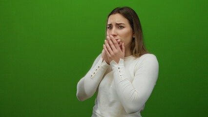 Woman surprised on green background depicting shock and emotion with a blank wall highlighting the...