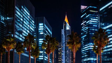 Illuminated skyscrapers and palm trees at night city skyline