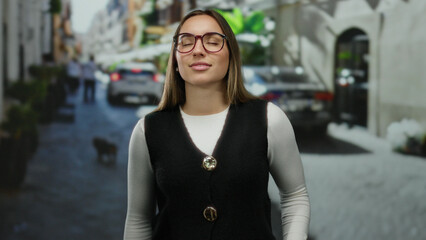 Fototapeta premium Young woman with glasses smiling on urban street background reflecting calm and relaxation during daytime.