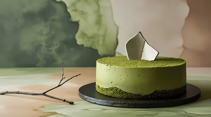This elegant Japanese dessert still life features a minimalist matcha cake adorned with an abstract white chocolate decoration.