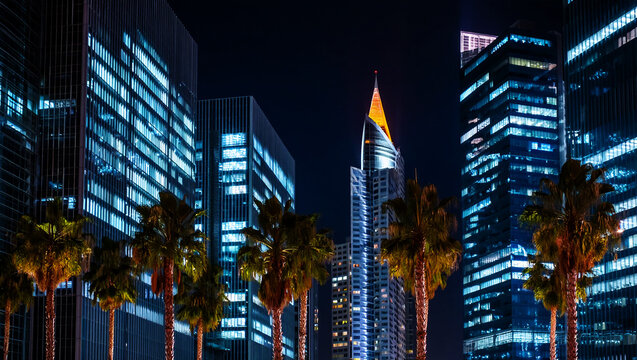 Illuminated skyscrapers and palm trees at night city skyline