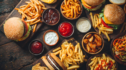 Unhealthy fast food with sauces on wooden table. Top view of various fast foods on the table. National fast food day background concept.