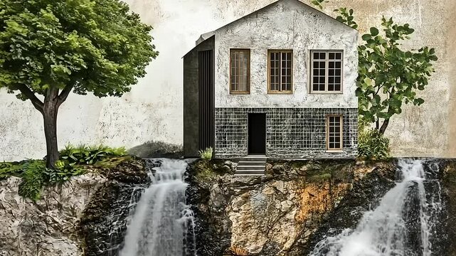 Surreal Landscape featuring a House atop a Waterfall with Trees in a Dreamlike Setting