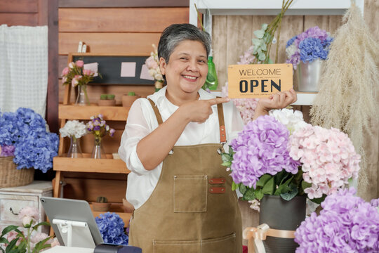 Asian senior female florist standing inside flower shop wearing apron smiling holding open sign pointing toward it small business concept after retirement surrounded by colorful hydrangeas