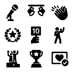 Talent Show Icon Set. Solid, filled icons set of talent show awards: microphone icon, stage lights, applause
