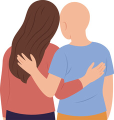 Female friends standing hugging each other. One woman has long flowing hair, the other is bald, symbolizing support during cancer treatment. World Cancer Day. Vector Illustration